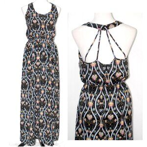 Multicolored Floral Sleeveless Open Back Pink Rose Womens Large Maxi Dress Black